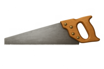 Hand saw with wooden handle and metal blade on transparent background