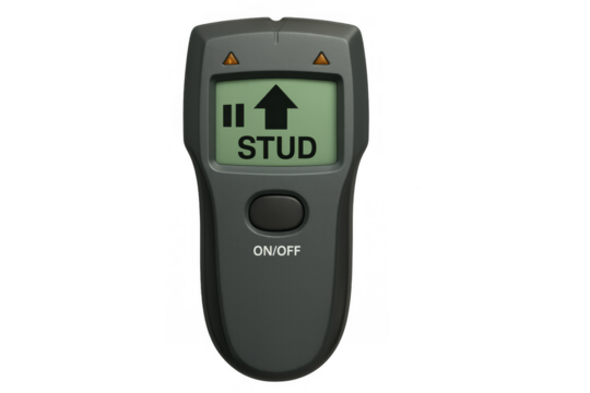 Electronic stud finder detecting wall stud showing lcd display