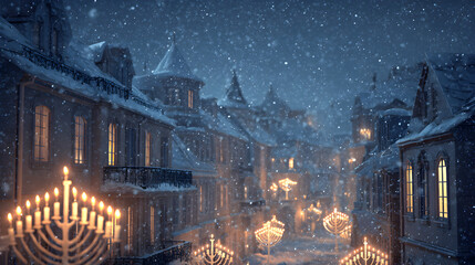 Obraz premium Beautiful snowy street with glowing menorahs in windows celebrating Hanukkah at night 