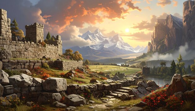 An ancient stone castle overlooks a vibrant valley. Majestic snow-capped mountains dominate the landscape at sunset - Powered by Adobe