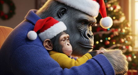 Tender photographic style portrait of an anthropomorphic gorilla father and son in santa hats hugging