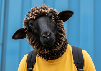 Modern photographic portrait of an anthropomorphic black sheep with a backpack on a blue background