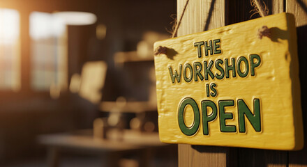 Warm photographic style scene of a yellow wooden sign saying 'the workshop is open' hanging at the entrance