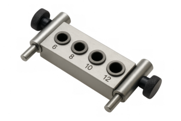 Metal dowel jig creating precise woodworking joinery holes