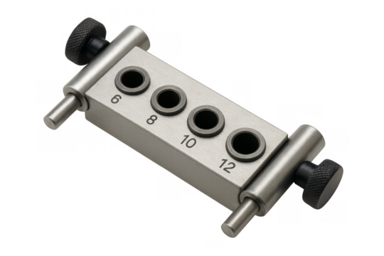 Metal dowel jig creating precise woodworking joinery holes