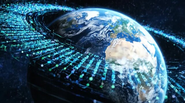 Digital globe showcasing binary data visualization, illustrating global connectivity and technology abstract design, with vibrant colors representing information flow across earths network space - Powered by Adobe