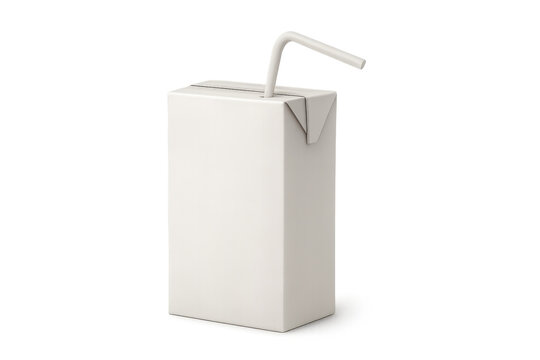 White juice box carton with straw on transparent background