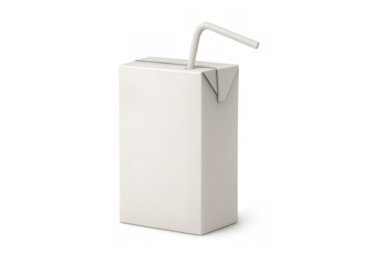 White juice box carton with straw on transparent background