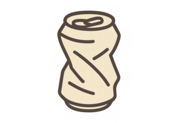 Crushed aluminum soda can representing waste and recycling, cartoon drawing on transparent background