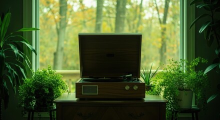 Vintage record player surrounded by lush green plants near a window indoors