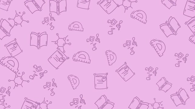 Whimsical back-to-school repeating pattern with study elements on a soft purple background, ideal for a baby shower or nursery