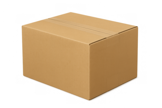 Brown closed cardboard shipping box transparent background