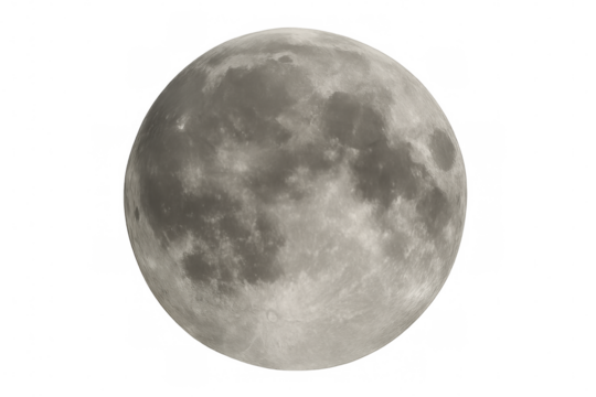 Full moon against a transparent background showing surface details, craters, and lunar features for astronomy science