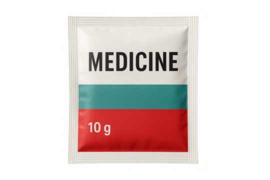 Medicine sachet with bulgaria flag colors and 10g label