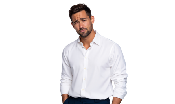 Hesitant man with a concerned expression, isolated on transparent background