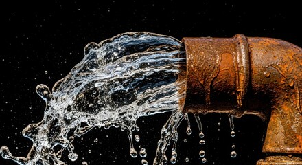 Rusty pipe leaking water against a black background in a closeup shot