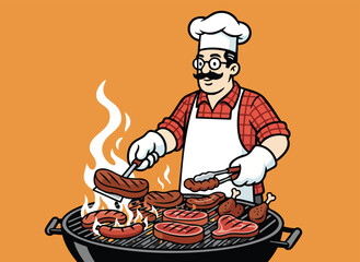 Cartoon Grill Master Cooking Steak and Sausage on a Barbecue Grill Illustration
