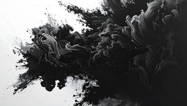 An abstract, monochromatic composition, featuring a dramatic explosion of dark, flowing ink-like forms against a white background. Detailed and dynamic