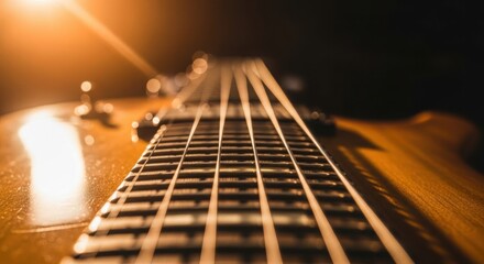 Closeup of a guitar fretboard with strings and warm lighting effect