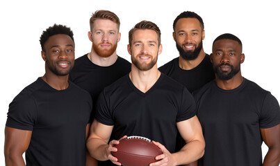 Diverse group of smiling, strong male athletes holding a football, ready for the game, isolated on transparent background