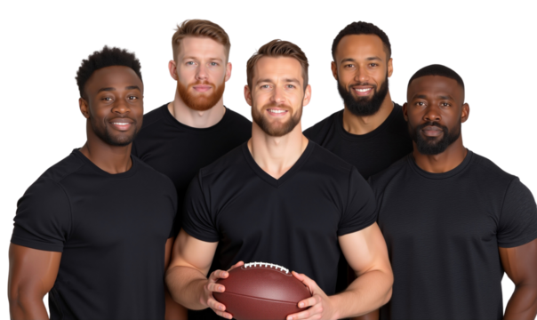 Diverse group of smiling, strong male athletes holding a football, ready for the game, isolated on transparent background