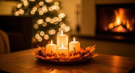 Warm and inviting holiday scene with candles, pumpkins, and fireplace glow