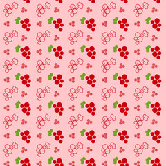 This pattern showcases various line icons of grapes in red and green on a soft pink background. The design is lively, perfect for fabric, wallpaper, or stationery applications.