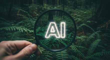 Artificial intelligence concept with magnifying glass and forest background