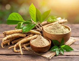 This high-quality image showcases natural Tongkat Ali, featuring raw herbal roots and fine extract powder in rustic wooden bowls. Accompanied by fresh green leaves on a warm wooden surface, it represe