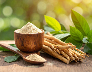 This high-quality image showcases natural Tongkat Ali, featuring raw herbal roots and fine extract powder in rustic wooden bowls. Accompanied by fresh green leaves on a warm wooden surface, it represe