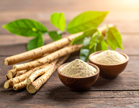This high-quality image showcases natural Tongkat Ali, featuring raw herbal roots and fine extract powder in rustic wooden bowls. Accompanied by fresh green leaves on a warm wooden surface, it represe