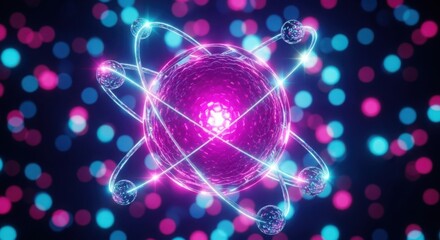 Atomic structure with glowing orbits and particles in a vibrant display