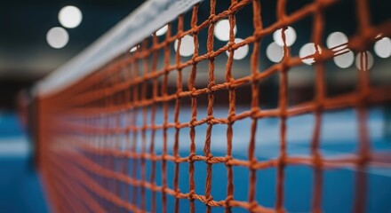 Closeup of a vibrant orange badminton net with blurred lights in background