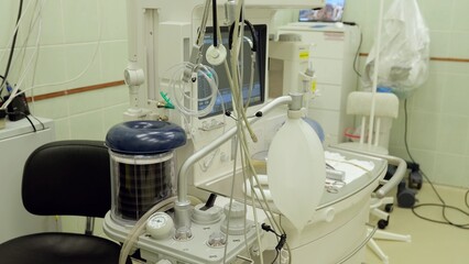 Anesthesia machine positioned within pristine operating room environment, monitoring surgical anesthetic delivery with advanced technological precision and patient safety controls