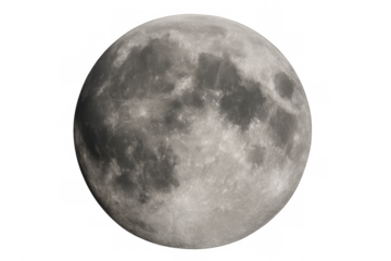 Full moon showing detailed craters, lunar surface texture, and illuminated features in outer space on transparent background