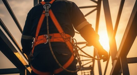 Construction worker wearing safety harness working on a metal structure at sunset