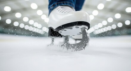 Close up of a white ice skate blade gliding on the ice surface indoors