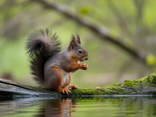 Obraz premium A squirrel, with a fluffy tail, perched on a moss-covered log. The squirrel appears to be in the midst of eating a nut. The backdrop is a blurred green forest, suggesting a natural habitat.