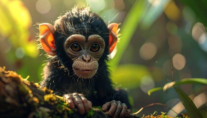 Adorable chimpanzee infant peers out from a mossy branch, framed by lush greenery and sun-dappled bokeh, conveying a sense of wonder