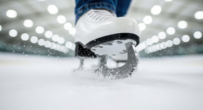 Close up of a white ice skate blade gliding on the ice surface indoors