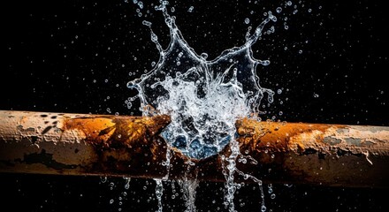 Water spraying from burst pipe against black background in dramatic fashion