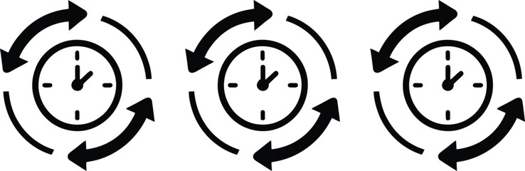 Three circular clock icons with rotating arrows illustrating the concept of time passing or a continuous cycle of time isolated on white background