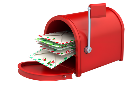 3d render of classic red festive mailbox overflowing with christmas cards and envelopes, holiday greetings and communication concept isolated on transparent background - Powered by Adobe