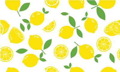 Seamless Lemon Pattern on White. Repeating Summer Citrus Fruit Background with Green Leaves, Zesty Organic Food and Drink Wallpaper Illustration.