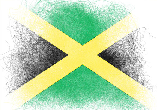 A creative representation of the flag of Jamaica featuring the iconic black, green and gold with an artistic rendering giving a somewhat distressed, textured feel to the flag.