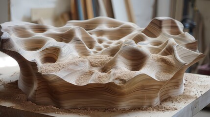 Intricate 3D wooden topographic model showcasing organic contours and natural wood grain, perfect for architectural design and visualization projects.