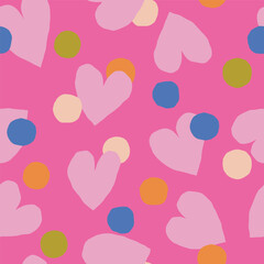 Super Cute Seamless Pattern with Hearts and Dots. Abstract Texture with Hand Drawn Circles and Hearts. Fun and Naive Background Perfect for Children's Clothing, Wrapping Paper and Digital Design