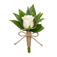 Elegant White Rose Boutonniere with Greenery and Twine Bow.