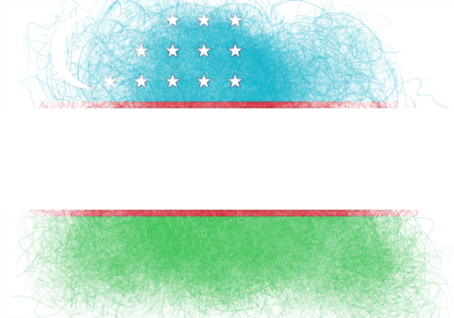 A vibrant, textured depiction of the Uzbekistan flag showcases national pride, rendered in a unique, artistic style with abstract lines and bold colors representing unity and heritage,