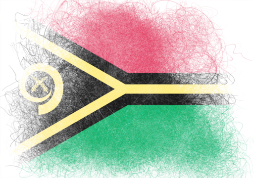 This abstract artwork showcases the vibrant colors of the Vanuatu flag: red, green, black, and yellow, rendered with a textured, almost hand-drawn visual style that evokes a sense of
